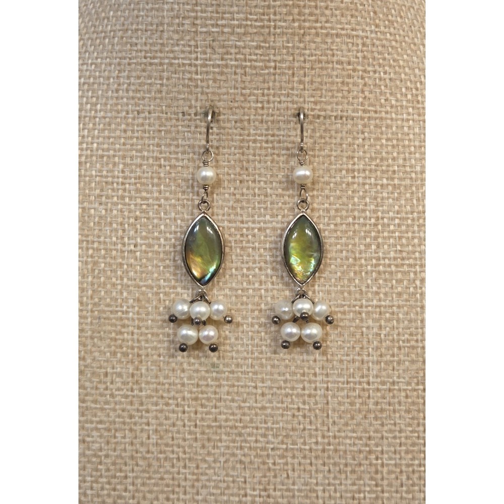 Vintage Lucas Lameth Sterling Silver, Abalone, & Pearl Cluster Dangle Earrings